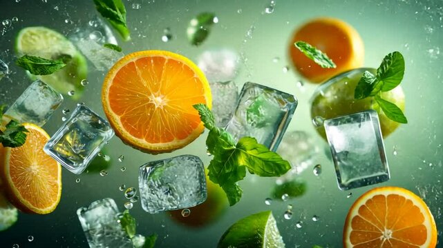 Citrus Splash: A vibrant and refreshing splash of citrus fruits, ice cubes, and mint leaves frozen in mid-air, capturing the essence of a cool summer beverage. The image bursts with color and energy.