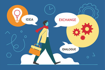 Stylized illustration, businessman with scarf, multiple colorful speech bubbles, flat design, vibrant colors, blue background, minimalist, digital art, vector graphic style, communication concept, th