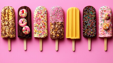 Delicious Variety of Colorful Ice Cream Bars on Pink Background