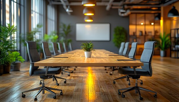 Modern conference room with minimalistic wooden table, ergonomic chairs, large windows, lush greenery, and stylish lighting, designed for professional collaboration and meetings