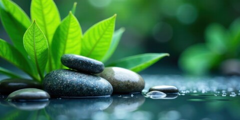 Fototapeta premium Serene Spa Setting Smooth Stones and Lush Greenery Reflecting in Still Water
