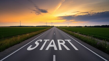 Road with a white start sign on it