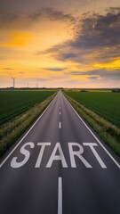 Road with a white start sign on it