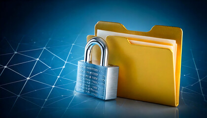 Secure your digital assets with this striking image of a padlock securing a file folder against a dynamic network background.