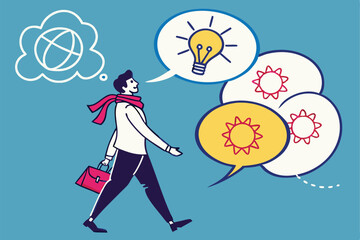 Stylized illustration, businessman with scarf, multiple colorful speech bubbles, flat design, vibrant colors, blue background, minimalist, digital art, vector graphic style, communication concept, th