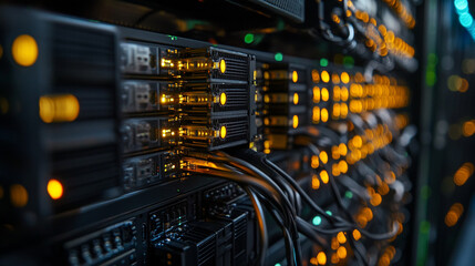 Naklejka premium Close-up view of illuminated server equipment in a data center during nighttime operations