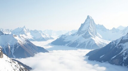 Obraz premium Serene Winter Mountain Range Enveloped in a Sea of Clouds, a Breathtaking Panorama of Pristine Peaks and Valleys