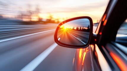Close-up view of a cars side mirror reflecting the surrounding environment