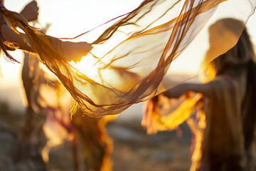 Women dancing with flowing scarves at sunset, celebrating spring equinox with movement and golden light