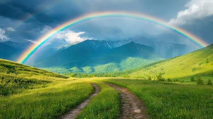 Obraz premium Majestic Rainbow over Verdant Mountains