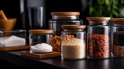 Various ingredients stored in glass jars with wooden lids on a black shelf