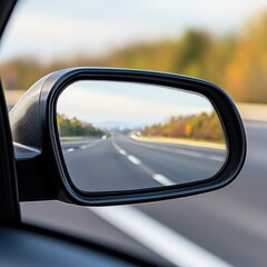 Close up view of a cars side mirror reflecting a cityscape and blue sky