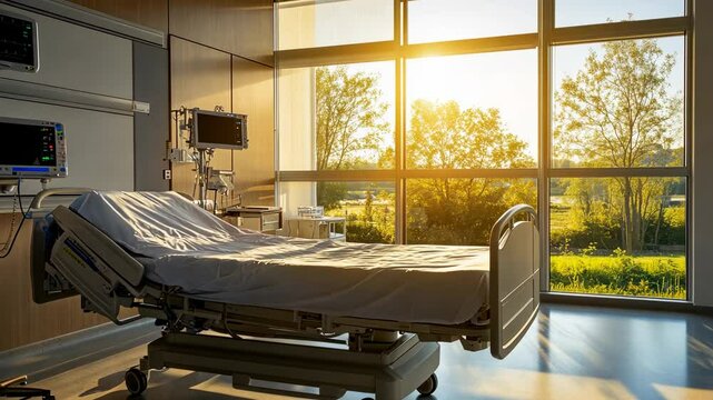 High-resolution photograph of an empty hospital room with modern medical equipment, featuring a sleek bed and large windows overlooking nature, bathed in warm sunlight. 
