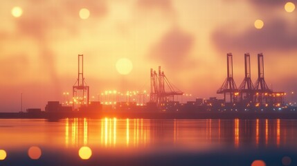 Obraz premium Freight port at sunrise cranes silhouetted against reflective waters industry landscape