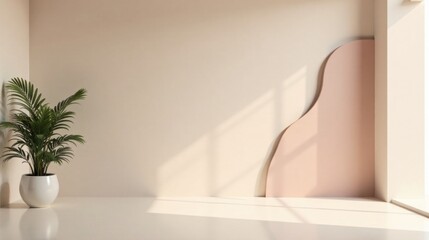 Fototapeta premium Minimalist Interior Scene with Potted Plant and Abstract Wall Panel in Soft Neutral Tones