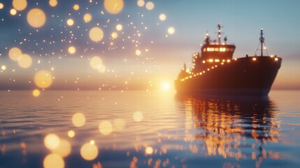 Obraz premium Hybrid cargo ship at sunrise serene reflections on clear waters