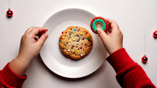 Decorating christmas cookie with colorful sprinkles and holiday ornament