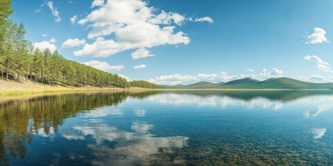Beautiful panoramic view of the lake in summer with a forest and mountain background. 
