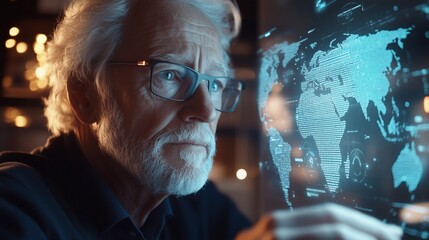 Senior businessman analyzing global data on a futuristic interface