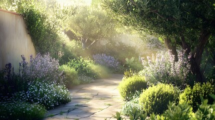 Fototapeta premium Sunlit Garden Path With Blooming Lavender And Flowers