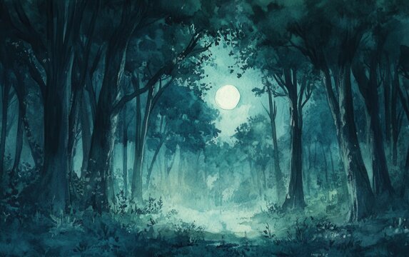 Mystical Moonlight Forest Watercolor Painting with Trees, Path, and Foggy Atmosphere.