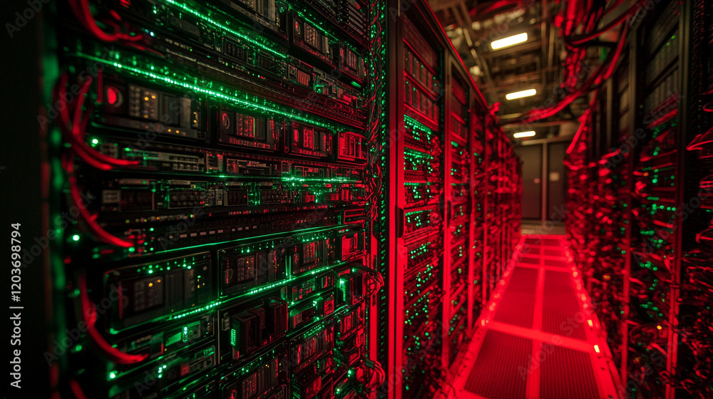Poster technology hub features server racks illuminated with green and red lights in a data center