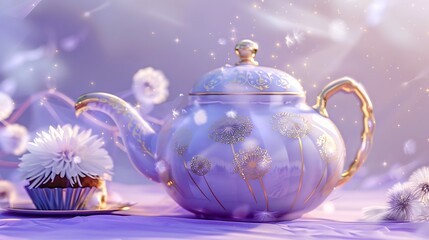 Teapot with a dandelion puff design in gold with cake on light purple background