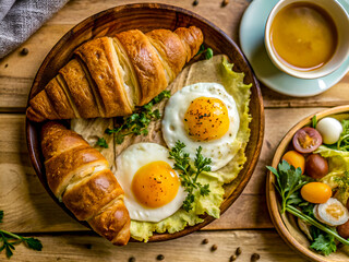 Delicious breakfast with eggs and croissant. Tasty Food background
