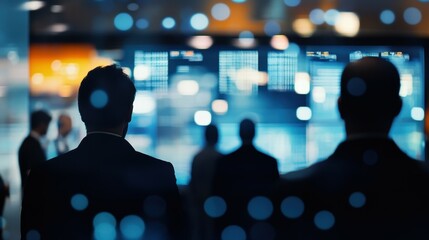 Networking traders at financial convention busy venue digital displays professional atmosphere