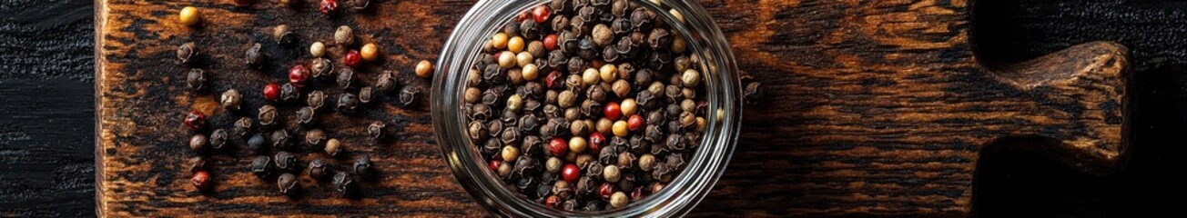Obraz premium Assorted peppercorns in a glass jar on wooden board: spice and flavor concept