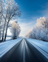Obraz premium Straight road covered with snow and ice at winter