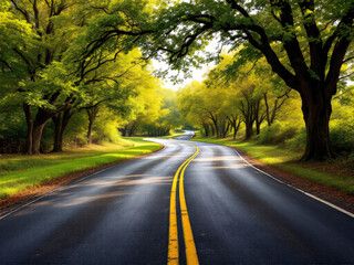 Fototapeta premium Winding road through lush green forest, sunlight filtering, serene and inviting.