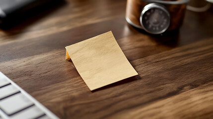Blank tan sticky note on a dark wood desk, near a keyboard and a timer. Perfect for showcasing your message, ideas, or todo list. Minimalist and modern style, ideal for business or office contexts.
