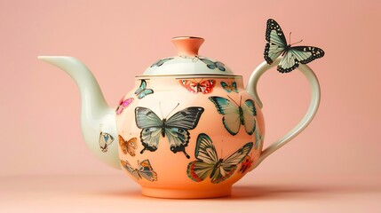 Teapot with a soft pastel butterfly theme on peach background