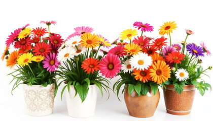 Obraz premium Beautiful colorful daisies in decorative pots on a white background, vibrant floral arrangement, copy space 