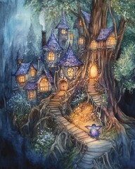Fototapeta premium Enchanted Fairy Treehouse Village in Mystical Forest, Watercolor Fantasy Illustration.