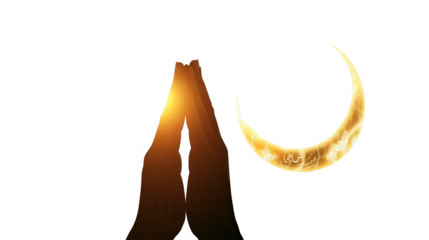 Ramadan vector of hands raised in prayer with a glowing crescent moon behind, holy festival, Islamic month, isolated on white, PNG file
