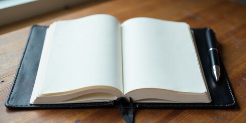 Fototapeta premium An Open Blank Notebook with a Pen Rests on a Wooden Surface, Ready for Ideas and Notes