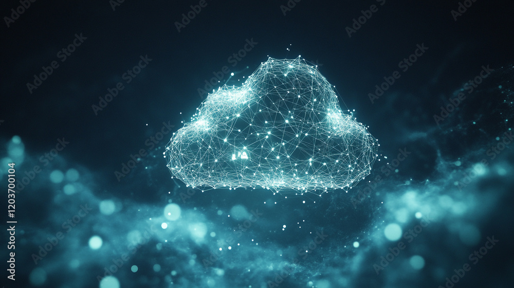 Poster digital cloud visualization with interconnected nodes and data patterns in blue tones