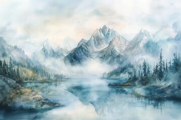 Fototapeta premium Serene Mountain Lake Watercolor Landscape with Mist and Reflection.
