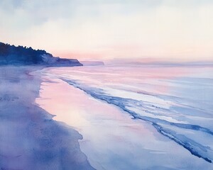 Serene Beach Sunset Watercolor Painting with Soft Pink and Blue Tones.