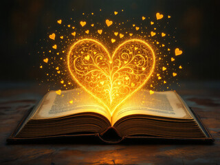 Enchanted book with glowing heart, magical golden light, ornate pages.