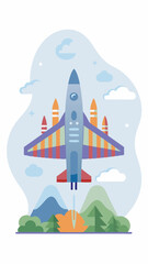 Colorful illustration of an airplane flying in the clouds.