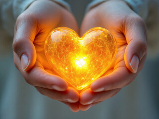 Golden glowing heart held gently in hands, symbolizing love and care.