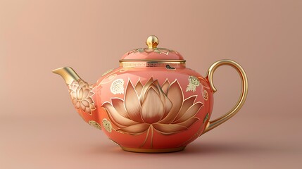 Teapot with lotus flower design in gold on peach background