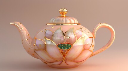 Teapot with lotus flower design in gold on peach background