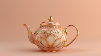 Teapot with lotus flower design in gold on peach background