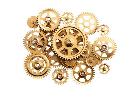 Pile of Brass Gears and Cogs, Isolated on Transparent Background