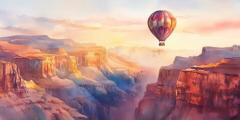 Naklejka premium Watercolor Hot Air Balloon Over Canyon at Sunset, Artistic Landscape