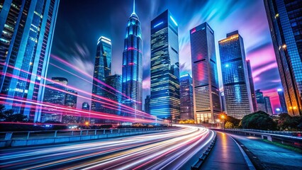 Fototapeta premium Futuristic City Nightscape: Glowing Metropolis Long Exposure Photography